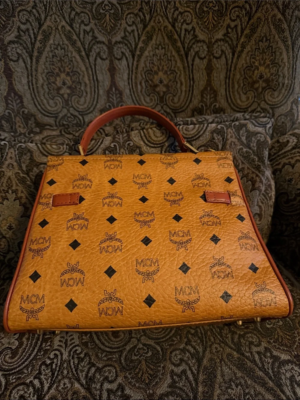 MCM Cognac Logo Visetos Top Handle Satchel with Gold Hardware